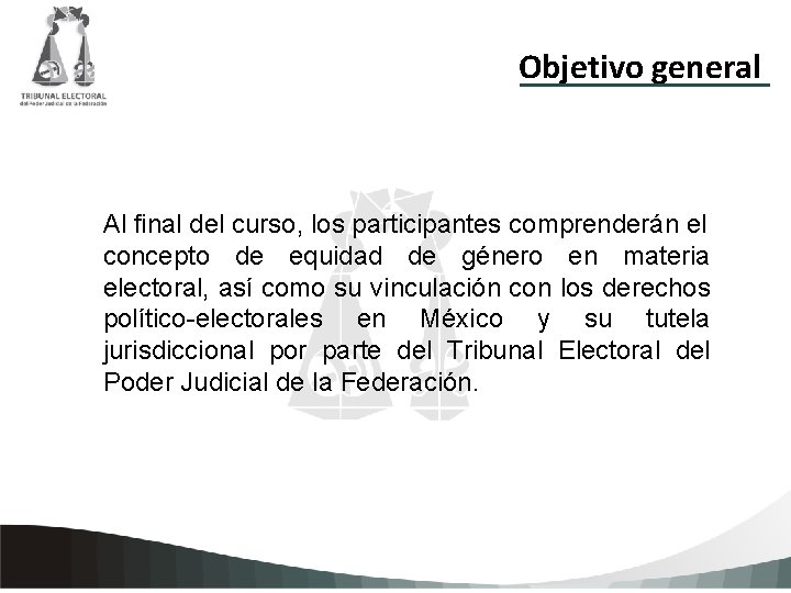 Objetivo general Al final del curso, los participantes comprenderán el concepto de equidad de