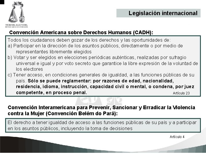 Legislación internacional Convención Americana sobre Derechos Humanos (CADH): Todos los ciudadanos deben gozar de