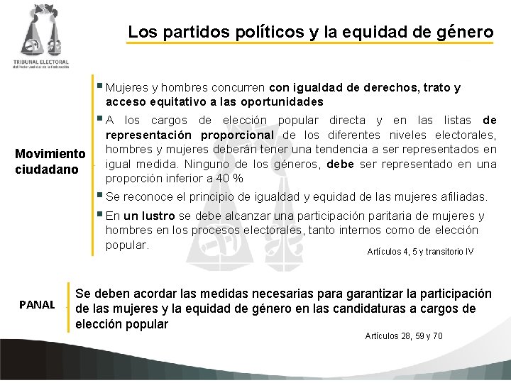 Los partidos políticos y la equidad de género § Mujeres y hombres concurren con