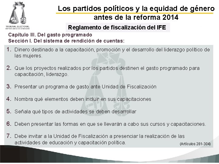 Los partidos políticos y la equidad de género antes de la reforma 2014 Reglamento