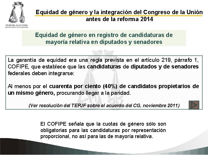 Equidad de género y la integración del Congreso de la Unión antes de la