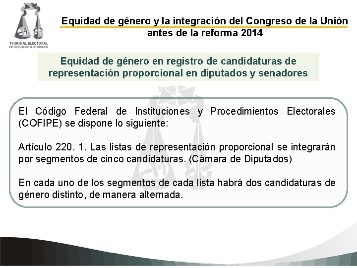 Equidad de género y la integración del Congreso de la Unión antes de la