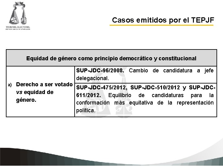 Casos emitidos por el TEPJF Equidad de género como principio democrático y constitucional a)