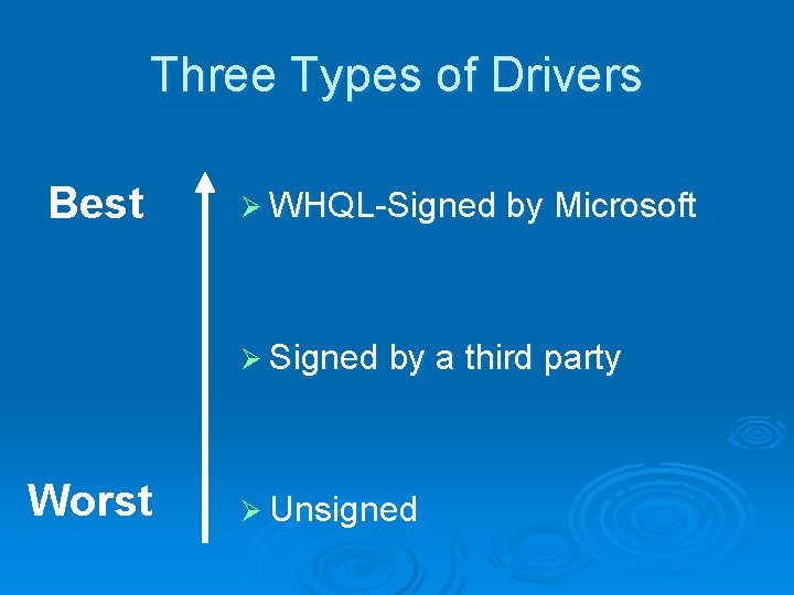 Three Types of Drivers Best Ø WHQL-Signed by Microsoft Ø Signed by a third