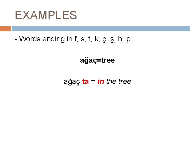 EXAMPLES - Words ending in f, s, t, k, ç, ş, h, p ağaç=tree