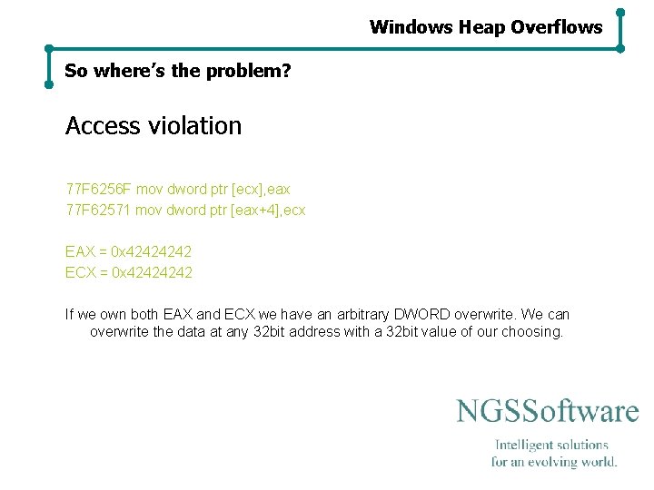 Windows Heap Overflows So where’s the problem? Access violation 77 F 6256 F mov Windows Heap Overflows So where’s the problem? Access violation 77 F 6256 F mov