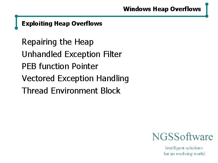 Windows Heap Overflows Exploiting Heap Overflows Repairing the Heap Unhandled Exception Filter PEB function Windows Heap Overflows Exploiting Heap Overflows Repairing the Heap Unhandled Exception Filter PEB function