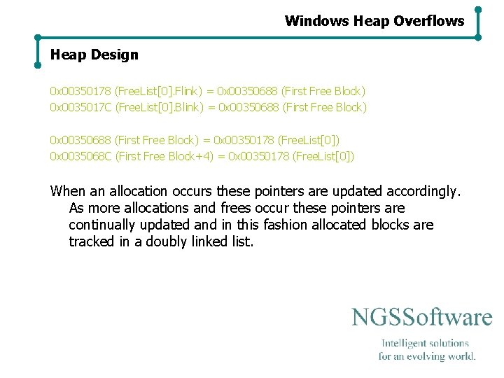 Windows Heap Overflows Heap Design 0 x 00350178 (Free. List[0]. Flink) = 0 x