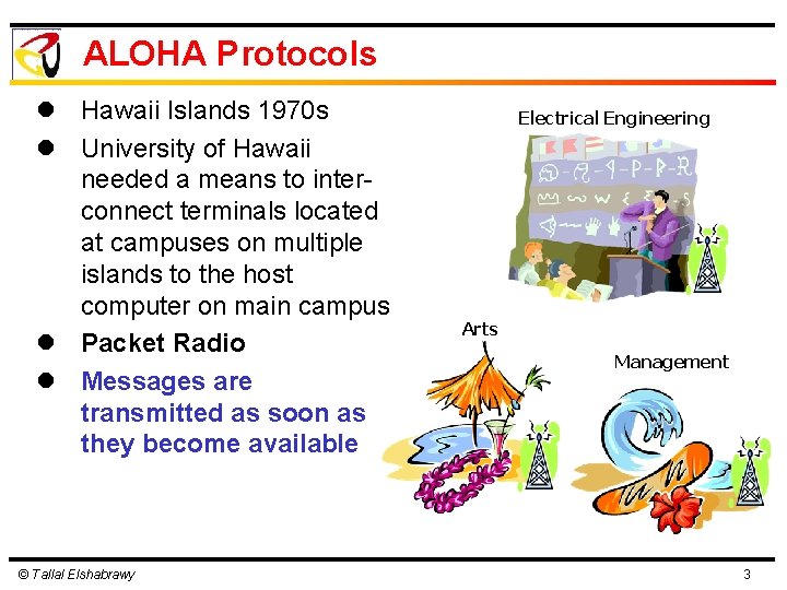 ALOHA Protocols l Hawaii Islands 1970 s l University of Hawaii needed a means