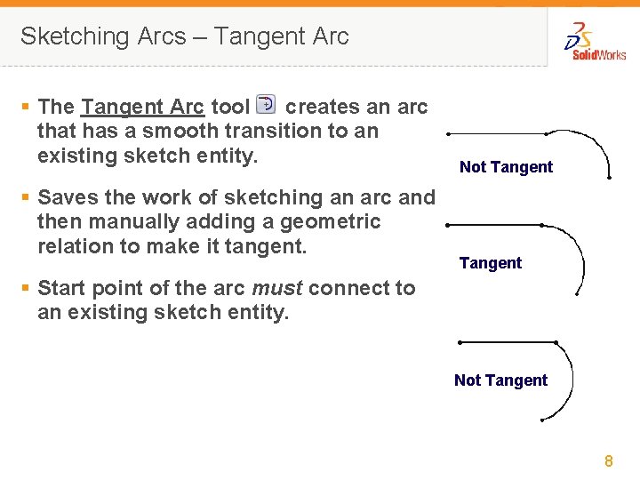 Sketching Arcs – Tangent Arc § The Tangent Arc tool creates an arc that