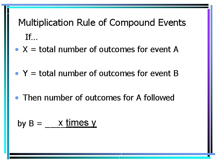 Multiplication Rule of Compound Events If… • X = total number of outcomes for Multiplication Rule of Compound Events If… • X = total number of outcomes for