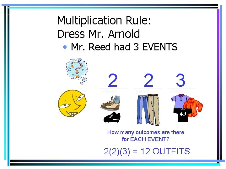 Multiplication Rule: Dress Mr. Arnold • Mr. Reed had 3 EVENTS 2 shoes 2 Multiplication Rule: Dress Mr. Arnold • Mr. Reed had 3 EVENTS 2 shoes 2