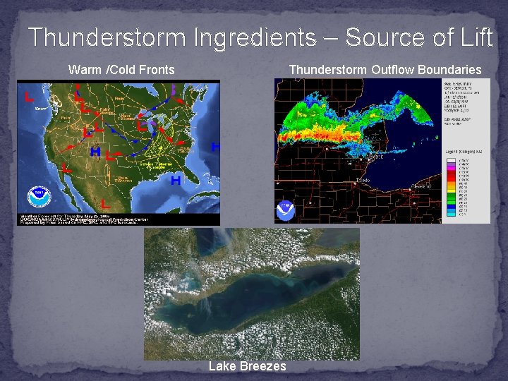 Thunderstorm Ingredients – Source of Lift Warm /Cold Fronts Thunderstorm Outflow Boundaries Lake Breezes