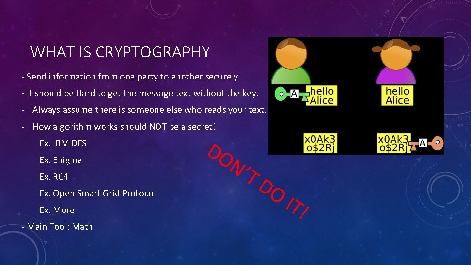 WHAT IS CRYPTOGRAPHY - Send information from one party to another securely - It