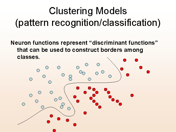 Clustering Models (pattern recognition/classification) Neuron functions represent “discriminant functions” that can be used to