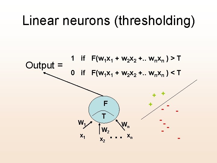 Linear neurons (thresholding) Output = 1 if F(w 1 x 1 + w 2
