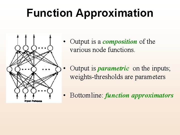 Function Approximation • Output is a composition of the various node functions. • Output