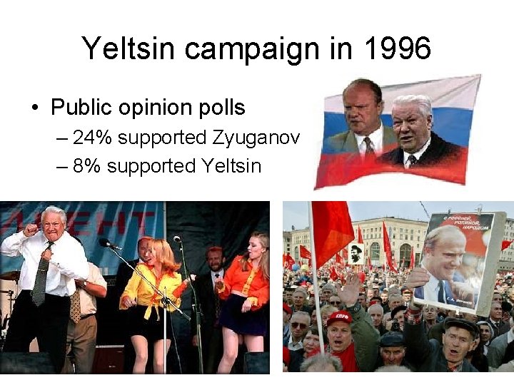 Yeltsin campaign in 1996 • Public opinion polls – 24% supported Zyuganov – 8%