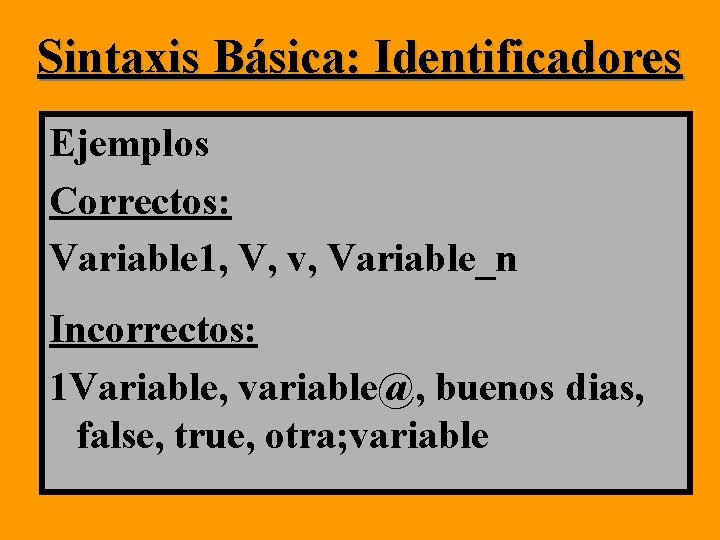 Sintaxis Básica: Identificadores Ejemplos Correctos: Variable 1, V, v, Variable_n Incorrectos: 1 Variable, variable@, Sintaxis Básica: Identificadores Ejemplos Correctos: Variable 1, V, v, Variable_n Incorrectos: 1 Variable, variable@,