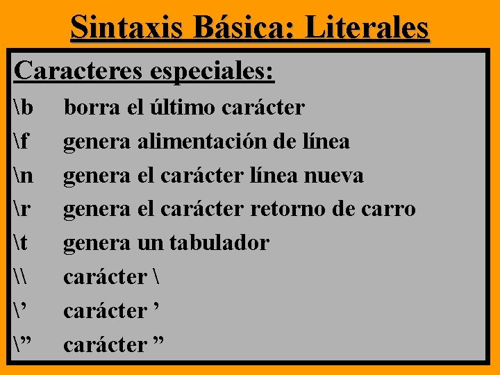 Sintaxis Básica: Literales Caracteres especiales: b f n r t \ ’ ” borra Sintaxis Básica: Literales Caracteres especiales: b f n r t \ ’ ” borra