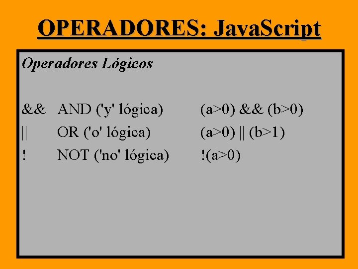 OPERADORES: Java. Script Operadores Lógicos && AND ('y' lógica) || OR ('o' lógica) ! OPERADORES: Java. Script Operadores Lógicos && AND ('y' lógica) || OR ('o' lógica) !