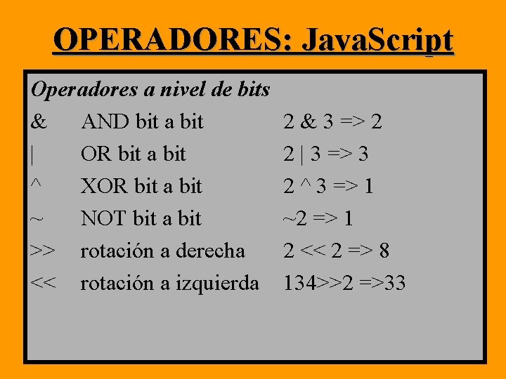 OPERADORES: Java. Script Operadores a nivel de bits & AND bit a bit | OPERADORES: Java. Script Operadores a nivel de bits & AND bit a bit |