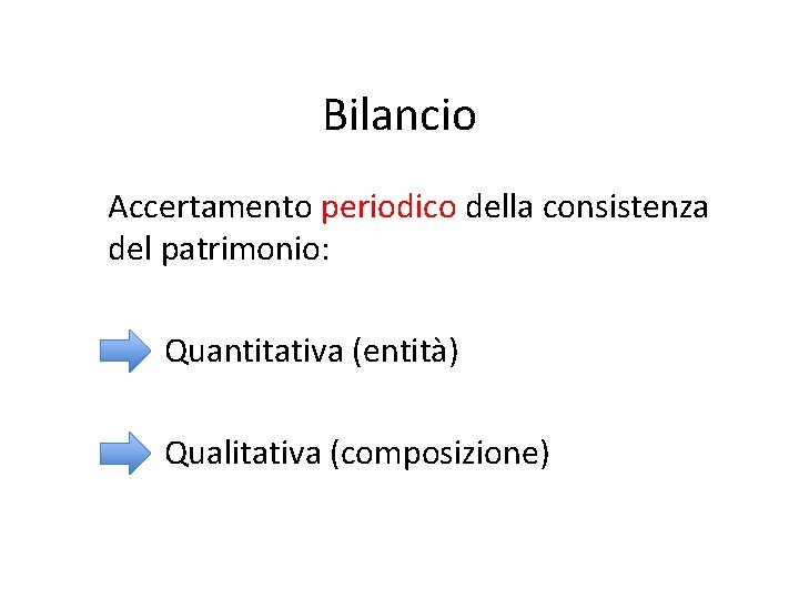 Bilancio Accertamento periodico della consistenza del patrimonio: Quantitativa (entità) Qualitativa (composizione) 