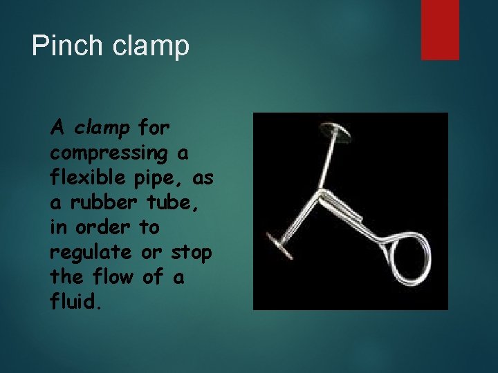 Pinch clamp A clamp for compressing a flexible pipe, as a rubber tube, in