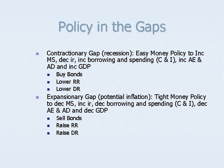 Policy in the Gaps n Contractionary Gap (recession): Easy Money Policy to Inc MS,