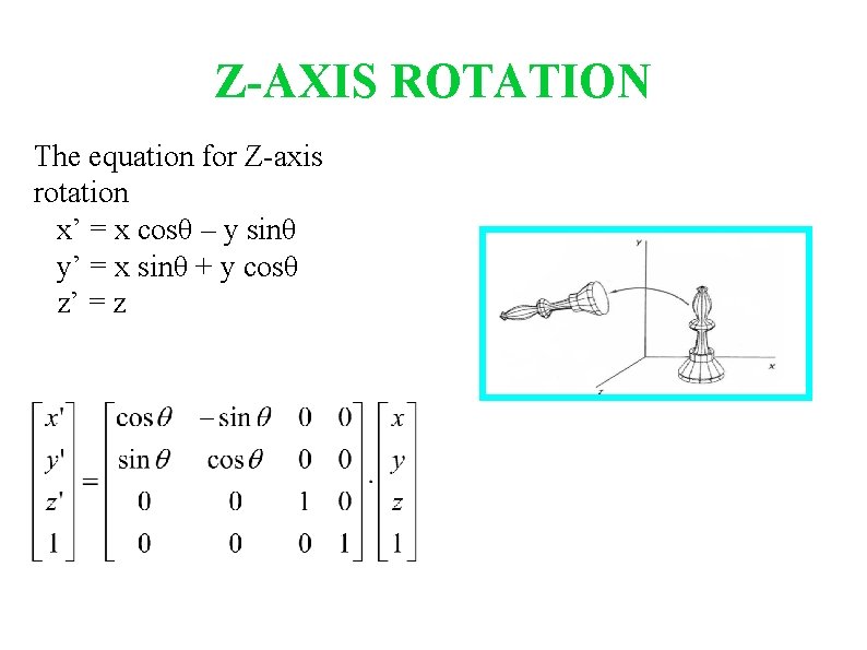 Z-AXIS ROTATION The equation for Z-axis rotation x’ = x cosθ – y sinθ