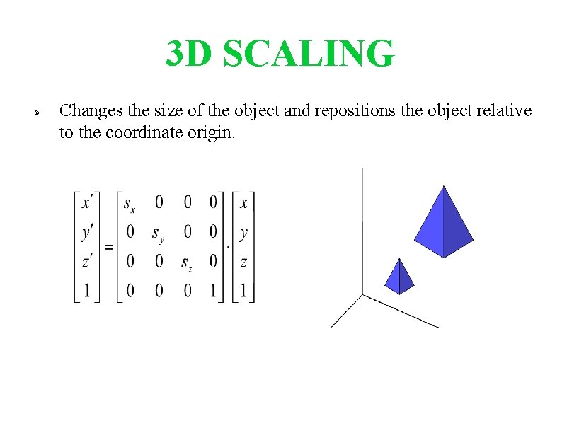 3 D SCALING Changes the size of the object and repositions the object relative