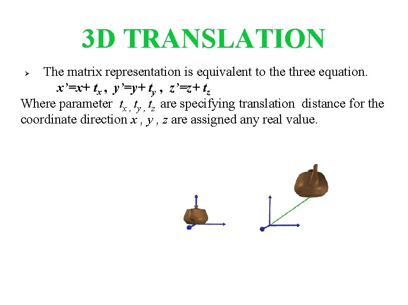 3 D TRANSLATION The matrix representation is equivalent to the three equation. x’=x+ tx