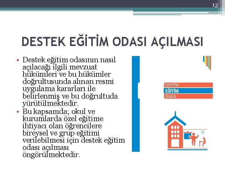 13 DESTEK EĞİTİM ODASI AÇILMASI • Destek eğitim odasının nasıl açılacağı ilgili mevzuat hükümleri