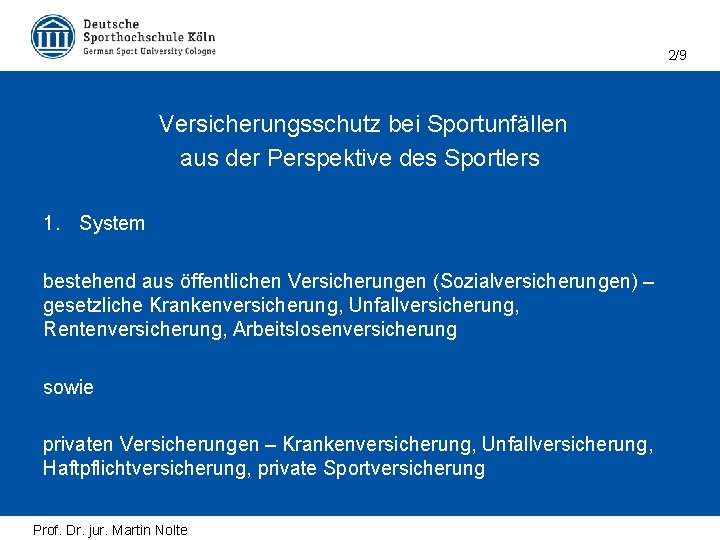 2/9 Versicherungsschutz bei Sportunfällen aus der Perspektive des Sportlers 1. System bestehend aus öffentlichen