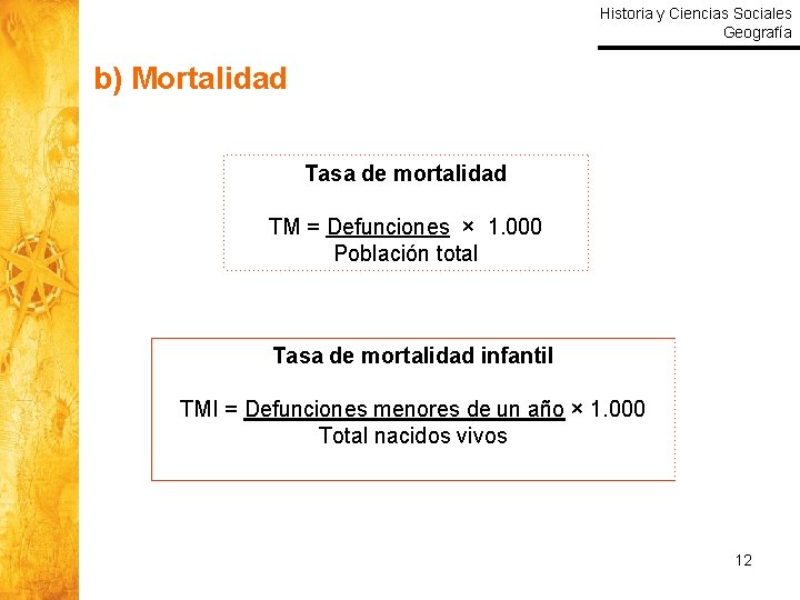 Historia y Ciencias Sociales Geografía b) Mortalidad Tasa de mortalidad TM = Defunciones ×