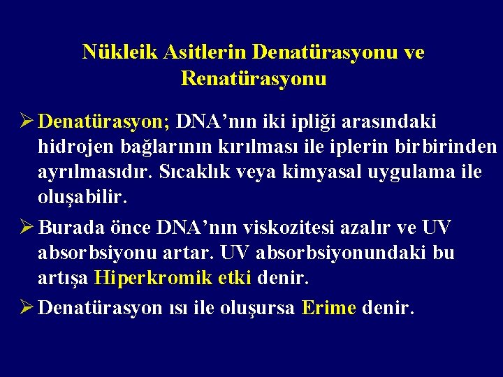 Nükleik Asitlerin Denatürasyonu ve Renatürasyonu Ø Denatürasyon; DNA’nın iki ipliği arasındaki hidrojen bağlarının kırılması