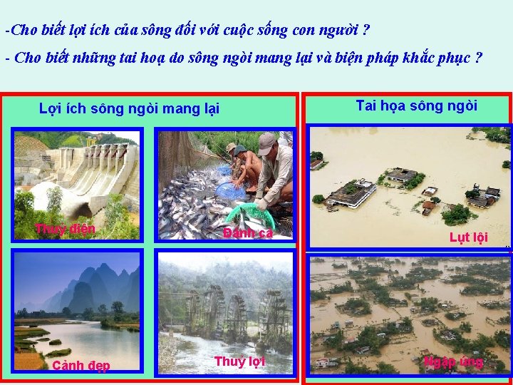 Thảo luận nhóm. (2’) -Cho biết lợi ích của sông đối với cuộc sống