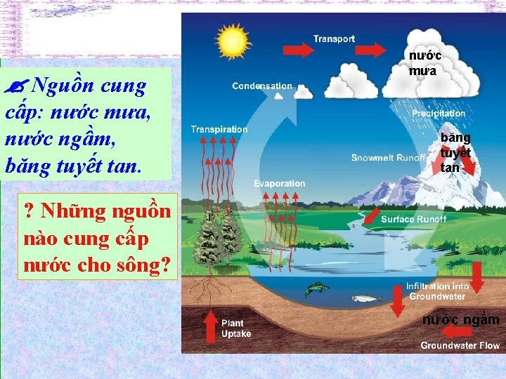  Nguồn cung cấp: nước mưa, nước ngầm, băng tuyết tan. nước mưa băng