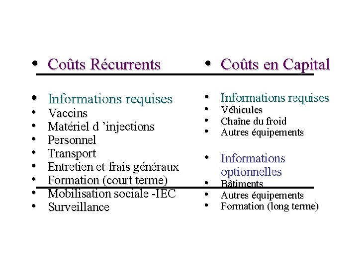  • Coûts Récurrents • Coûts en Capital • Informations requises • • Vaccins