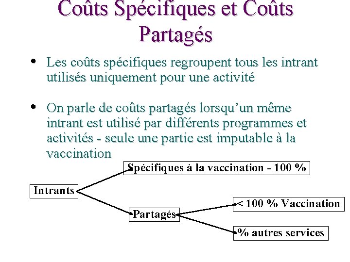 Coûts Spécifiques et Coûts Partagés • Les coûts spécifiques regroupent tous les intrant utilisés