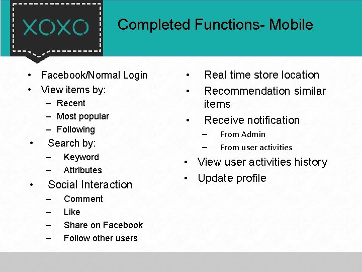 Completed Functions- Mobile • Facebook/Normal Login • View items by: – Recent – Most