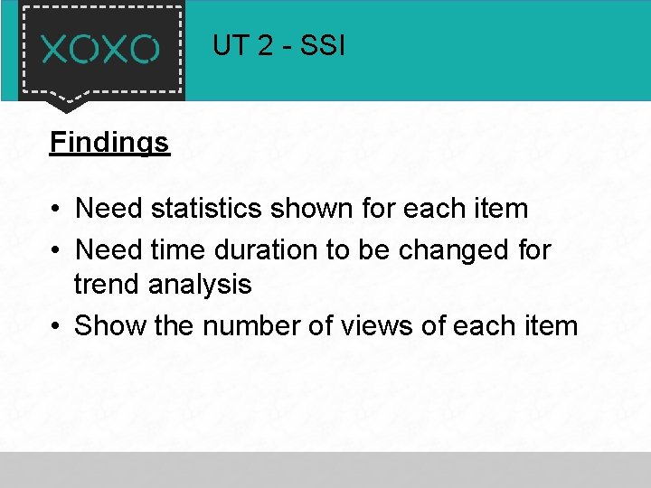 UT 2 - SSI Findings • Need statistics shown for each item • Need