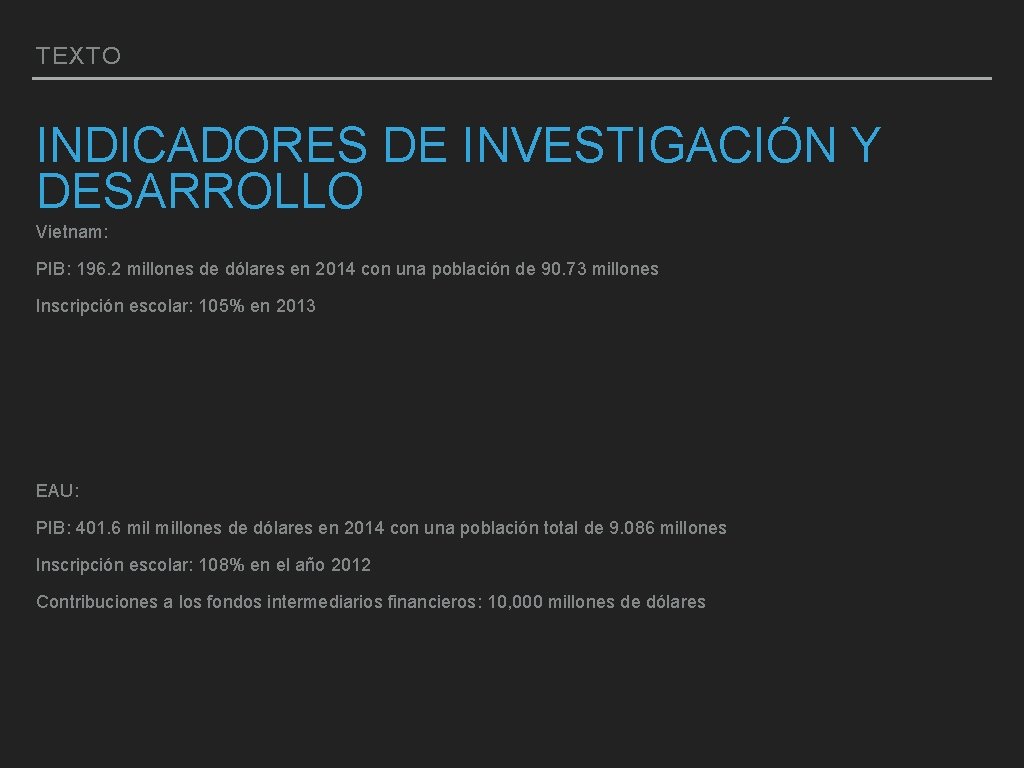 TEXTO INDICADORES DE INVESTIGACIÓN Y DESARROLLO Vietnam: PIB: 196. 2 millones de dólares en