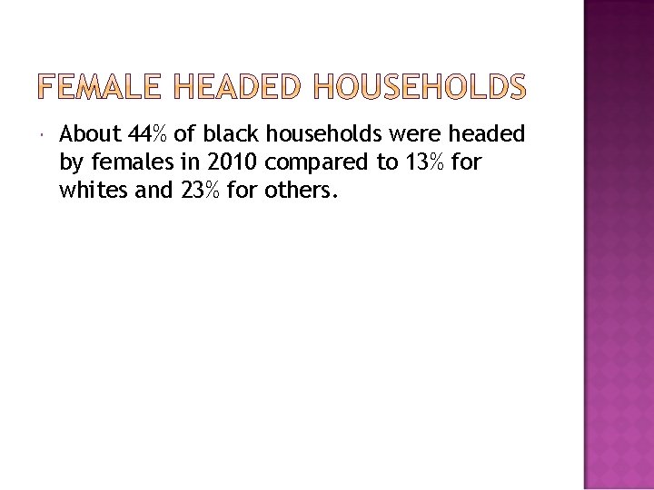  About 44% of black households were headed by females in 2010 compared to