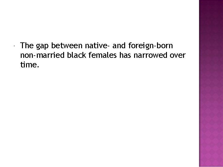  The gap between native- and foreign-born non-married black females has narrowed over time.