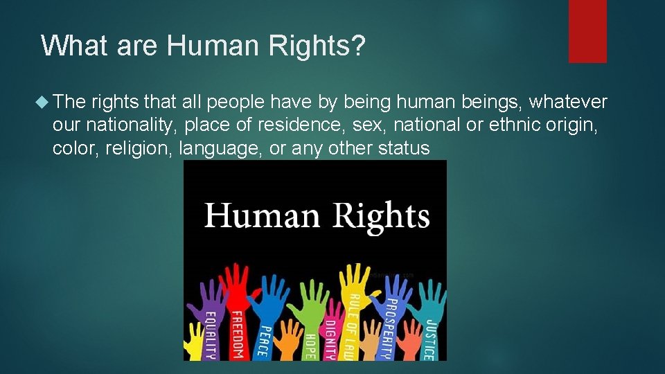 What are Human Rights? The rights that all people have by being human beings,