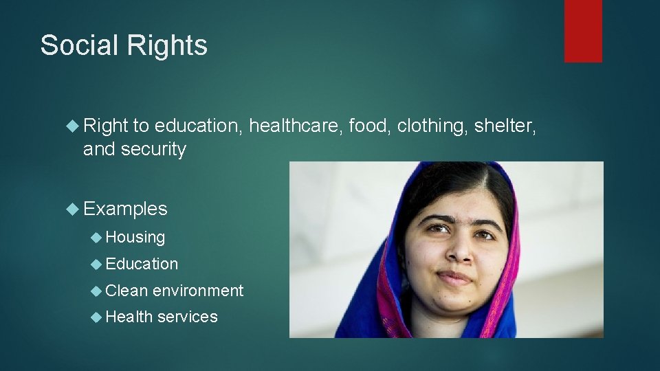 Social Rights Right to education, healthcare, food, clothing, shelter, and security Examples Housing Education