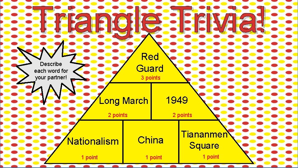 Triangle Trivia! Red Guard Describe each word for your partner! 3 points Long March