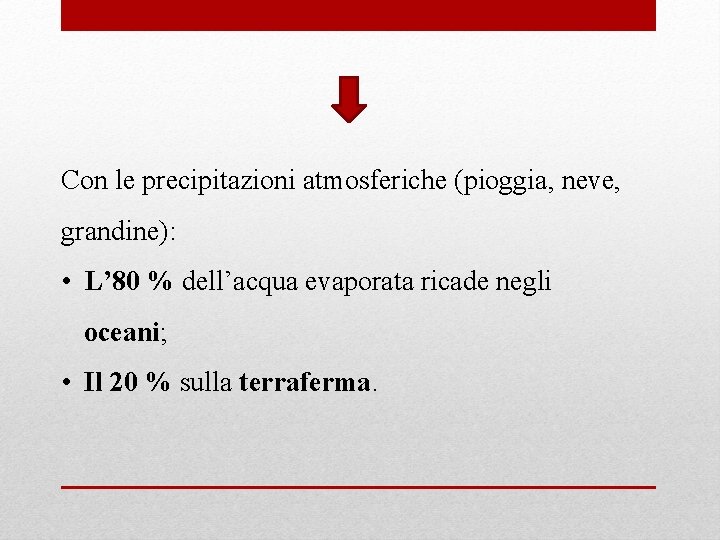 Con le precipitazioni atmosferiche (pioggia, neve, grandine): • L’ 80 % dell’acqua evaporata ricade