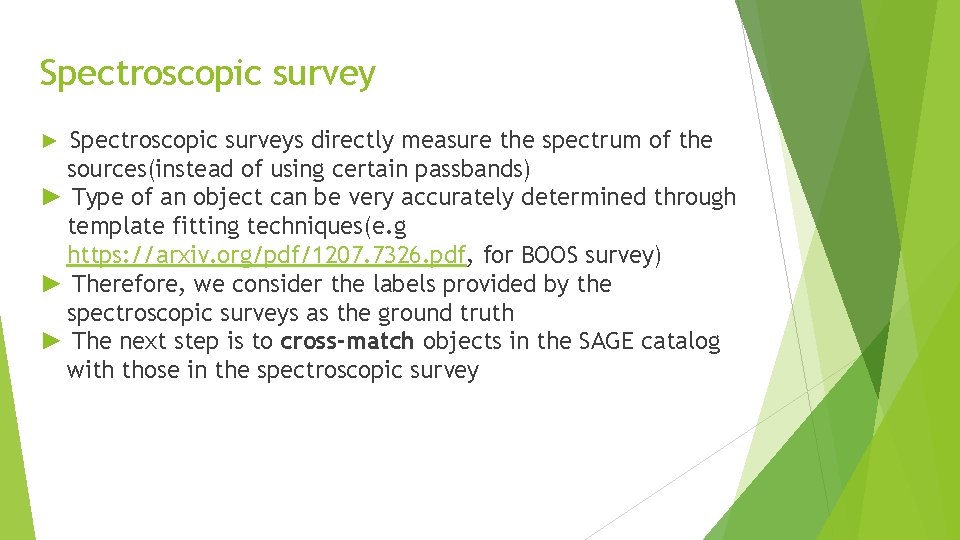 Spectroscopic survey ► Spectroscopic surveys directly measure the spectrum of the sources(instead of using